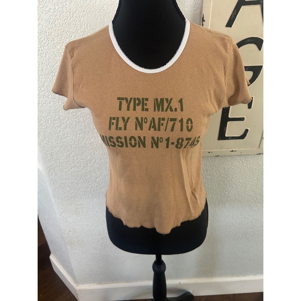 Y2K Rapizzi's Vintage Military Graphic Baby Tee Tan Lace Trim Made in USA OS